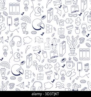 Outline Seamless Pattern Work and Office Hand Drawn Doodles on White Background. Vector illustration. Not AI Stock Vector