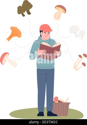 Study of mushrooms. Man examining mushroom in book, young fungus hunter. Comparison and verification of forest gifts according to textbook, recent vec Stock Vector