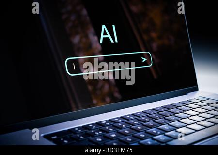 AI generate content with prompt in laptop. Image with artificial intelligence in computer. Work with chatbot and text model. Using search. Stock Photo