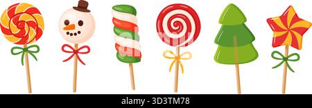 holiday lollipops set. swirl, snowman, star, and tree with colorful ribbons. Festive flat vector illustration, ideal for seasonal treats, stickers, invitations, party banners, and gift tags Stock Vector