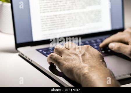Writing blog content. Writer and computer. Typing article with laptop. Letter, book, text, report or journal. Essay, document or news by journalist. Stock Photo