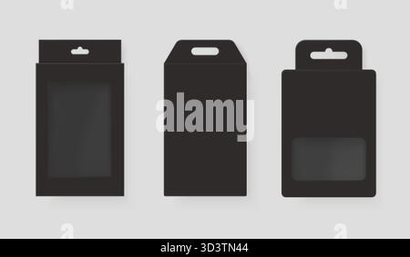 Black hanging packaging. Realistic paper box with hang tab, package mockup for product display plastic window transparent hole pvc bag accessory blank Stock Vector