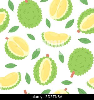 Durian fruit seamless pattern. Vibrant exotic fruits design, whole and cutting raw ingredients. Bright print for wallpaper, fabric, wrapping, racy vec Stock Vector