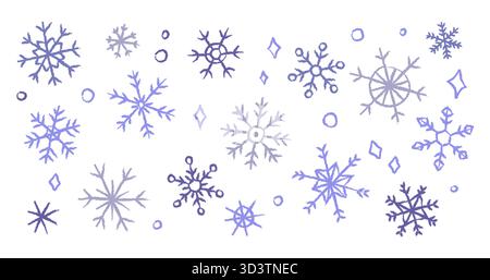 Various snowflakes in shades of blue and silver float elegantly against a white background, reflecting the beauty of winter. A whimsical and festive a Stock Vector