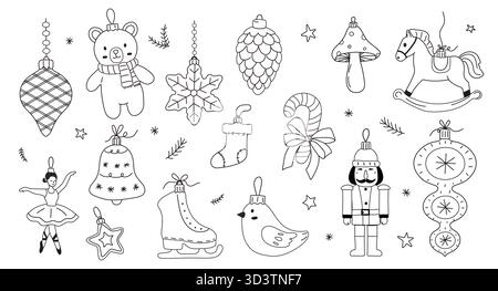A fun collection of holiday-themed decorations and characters, including a bear, ornaments, and a nutcracker. Perfect for spreading seasonal joy throu Stock Vector