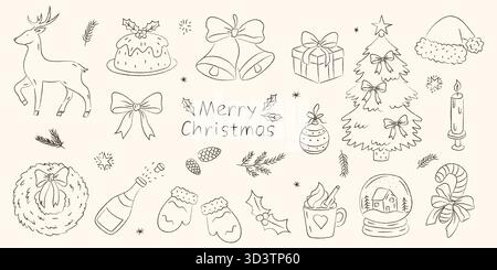 Hand drawn Christmas and New Year doodle icons set. Vintage ink drawings sketch style. Christmas tree, gift boxes, stars, winter holiday pattern, stoc Stock Vector