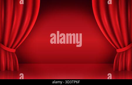 Red curtain stage. Realistic stand up stage, cinema theater scene for receiving award cabaret comedy standup show open curtains backstage 3d theatre b Stock Vector
