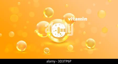 Vitamin c molecule. Realistic molecules 3d bubbles orange soda background, rich vitamins cosmetic serum fruit water medicine healthcare supplements nu Stock Vector