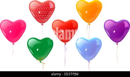 Realistic balloons hearts. Colorful balloon heart with string, red love foil shape valentine day or birthday party celebration event decoration, ballo Stock Vector