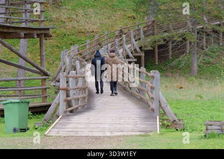 wooden footbridge for tourists walking through the nature park in early spring Stock Photo
