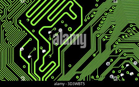 Macro Close up of printed wiring on green PC circuit board Stock Photo