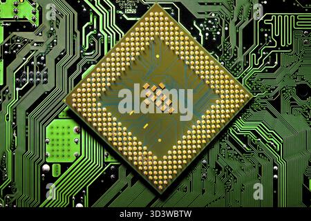 Macro Close up of microchips and pins on Main CPU PC processor circuit board Stock Photo