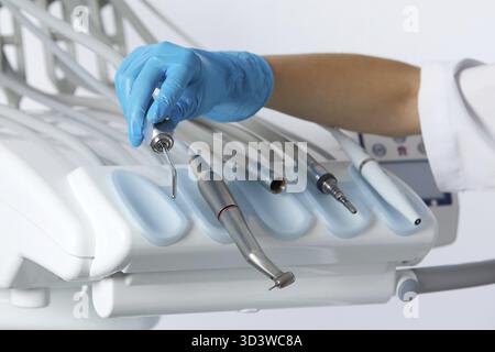 Dental health care concept background - Different stomatology instruments and tools in a dentists office Stock Photo
