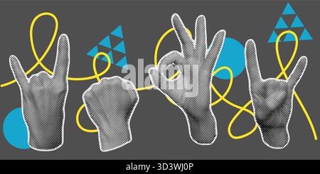 Halftone vector hands set. Abstract dotted pattern illustration in retro pop art style. Black and white modern collage element. Human hand shapes Stock Vector