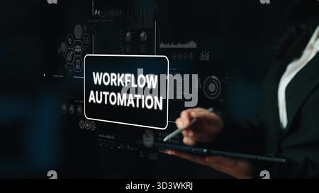 Workflow Automation Concept with Businesswoman and Digital Interface Displaying Analytics Data and Graphs. Asymptotic smart data analytic. Stock Photo