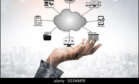 Cloud computing, cloud strategy, and cloud technology transforming digital infrastructure with scalable services, secure data storage, and cloud-based Stock Photo