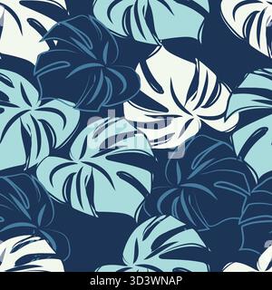 Monstera leaf tropical pattern vector illustration, blue tones hand drawn monochromatic, web banner, wallpaper, fabric Stock Vector