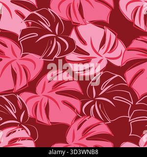 Monstera leaf tropical pattern vector illustration, red tones hand drawn monochromatic, valentine, web banner, wallpaper, fabric Stock Vector