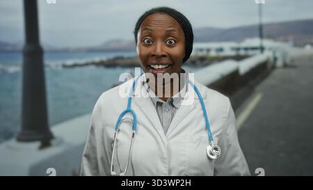 Woman smiling in a white coat with a stethoscope stands on a seaside promenade offering a cheerful professional impression against a blurred ocean bac Stock Photo