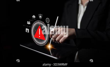 Red warning triangle representing a cybersecurity threat or data breach alert, surrounded by digital security and network protection icons Stock Photo