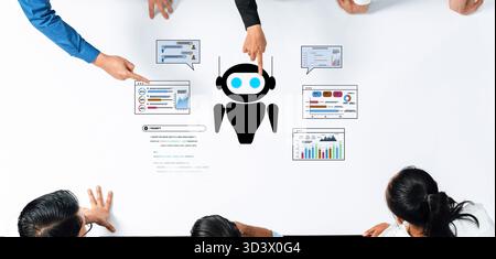 A diverse business team collaborates using chatbot technology and data visuals on a table, exemplifying modern decision-making and innovative problem Stock Photo