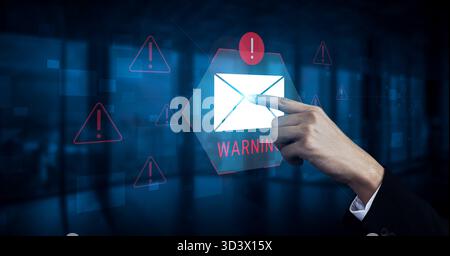 Digital warning mail interface highlights email threat detection, security monitoring, and proactive prevention of phishing and malware intrusions Stock Photo