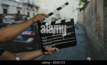 Man holding clapperboard on city street capturing outdoor film scene with focus on hands during sunlight. Stock Photo