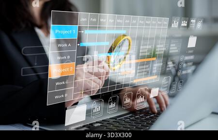 Digital visualization of multiple project timelines with progress tracking, documents, and team collaboration symbols Parse Stock Photo