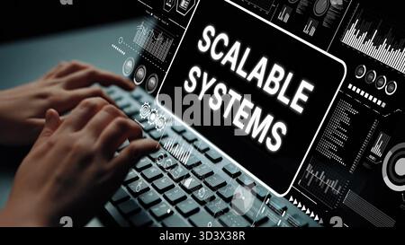 Hands Typing on Keyboard with Futuristic Interface Displaying Scalable Systems Concept in Technology Environment. Asymptotic smart data analytic. Stock Photo