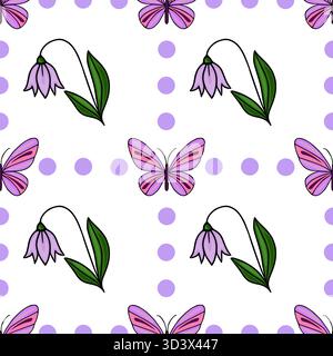 Seamless vector pattern of whimsical purple butterflies and delicate bluebell flowers with soft lavender polka dots on a white background. Stock Vector