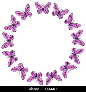 A whimsical vector illustration featuring a circular arrangement of stylized butterflies in shades of pink and purple, creating a decorative frame. Stock Vector