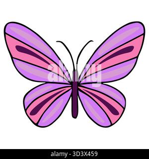 A stylized vector illustration of a butterfly with striped wings in shades of pink and lavender, featuring bold black outlines. Stock Vector