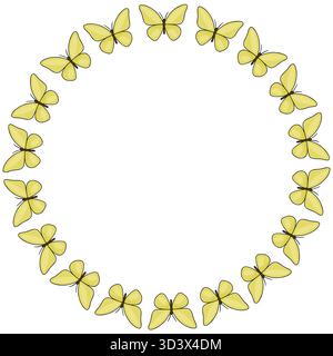 Seamless vector frame composed of stylized yellow butterflies with black outlines, creating a whimsical and delicate border arrangement on a clean whi Stock Vector