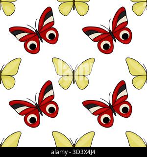 Seamless vector pattern featuring stylized red and yellow butterflies with bold outlines and eye-like markings on a clean white background. Stock Vector