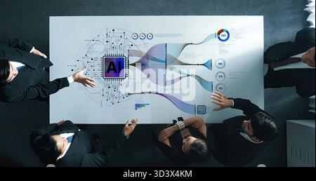A diverse business team collaborates on an artificial intelligence strategy using data visualizations and charts in a sleek modern office space. Trope Stock Photo