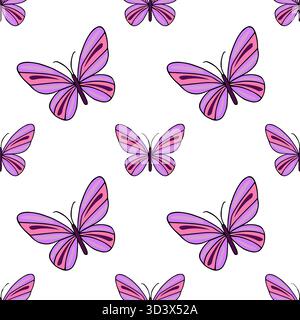 Seamless vector pattern of stylized purple and pink butterflies with bold black outlines, creating a playful and whimsical background. Stock Vector