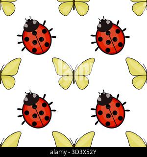 Seamless vector pattern featuring charming red ladybugs and bright yellow butterflies on a clean white background, perfect for playful designs. Stock Vector