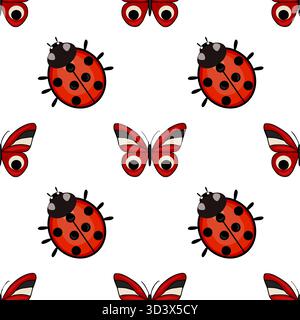 Charming vector seamless pattern featuring adorable ladybugs and stylized butterflies with red, black, and cream accents on a clean white background. Stock Vector