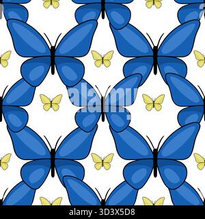 Seamless vector pattern featuring large, stylized blue butterflies interspersed with smaller, yellow butterflies on a white background. Stock Vector