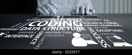 Creative representation of coding concepts with hands typing on a keyboard, showcasing coding, algorithms, data structure, process, and interface Stock Photo