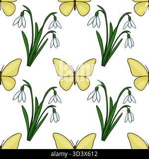 Seamless vector pattern of delicate snowdrops and cheerful yellow butterflies, evoking a serene spring awakening. Stock Vector