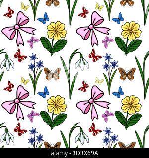Seamless vector pattern featuring whimsical spring motifs: colorful butterflies, delicate snowdrops, vibrant yellow primroses, blue scilla flowers, an Stock Vector
