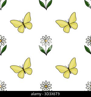 Seamless vector pattern of delicate yellow butterflies and simple white daisies with green leaves on a clean white background. Stock Vector