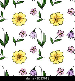 Seamless vector pattern featuring cheerful yellow primroses, delicate pink wildflowers, and nodding purple bellflowers with vibrant green leaves. Stock Vector