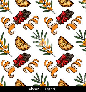 A charming vector repeating pattern featuring vibrant sea buckthorn berries, citrus fruit slices, cinnamon sticks with red bows, and spiraled orange p Stock Vector