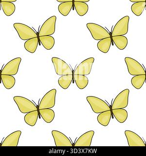 Seamless vector pattern of delicate yellow butterflies with black outlines on a white background, evoking a sense of spring and nature's gentle beauty Stock Vector