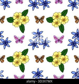 Seamless vector pattern featuring delicate yellow primroses, vibrant blue star-shaped flowers, and charming pink and brown butterflies on a clean whit Stock Vector