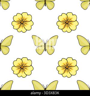 Seamless vector pattern of delicate yellow butterflies and primrose flowers with bold outlines on a white background, evoking a cheerful spring motif. Stock Vector