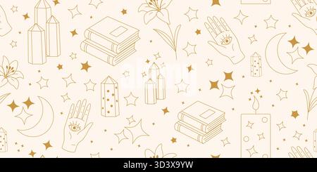 Seamless repeating line art pattern in gold on cream featuring crystals, books, a hand with an eye, crescent moon, stars, and lily flowers. Ideal for Stock Vector