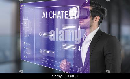 A businessman interacts with an AI chatbot using a virtual reality headset in a modern office, showcasing the integration of futuristic technology in Stock Photo